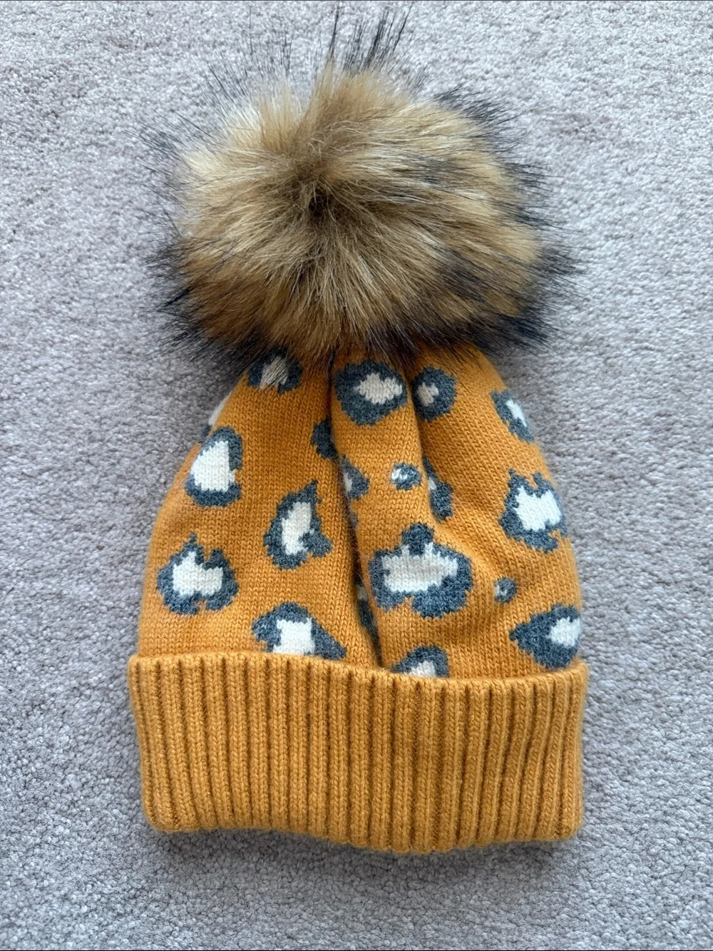Anthropologie Mustard Leopard Knit Pom Beanie